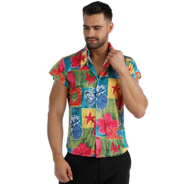 Tropisches Slim-Fit Hemd: Kurzärmelig mit Muscheln, Hibiskus & Seesternen Hawaii