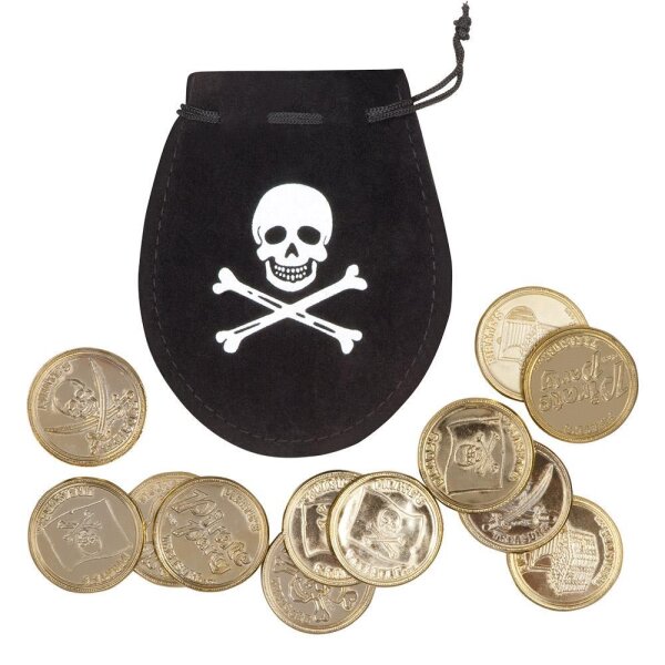 Piratenbeutel aus Samt mit goldenen Münzen: Accessoire für dein Piratenkostüm!